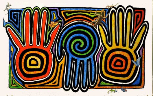 "Tres Manos" - Acrylic influenced by the PreColumbian Jama Coaque Sellos